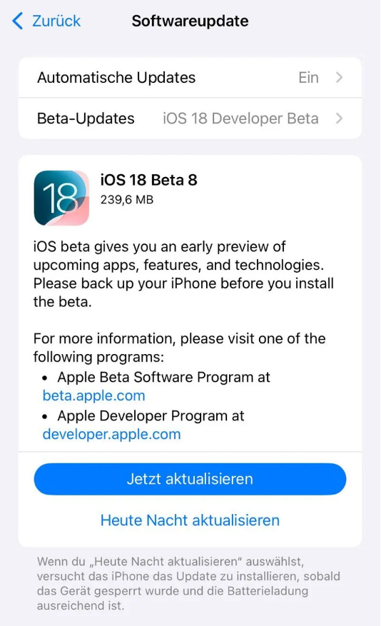 石屏苹果手机维修分享苹果 iOS / iPadOS 18 开发者预览版 Beta 8 发布 